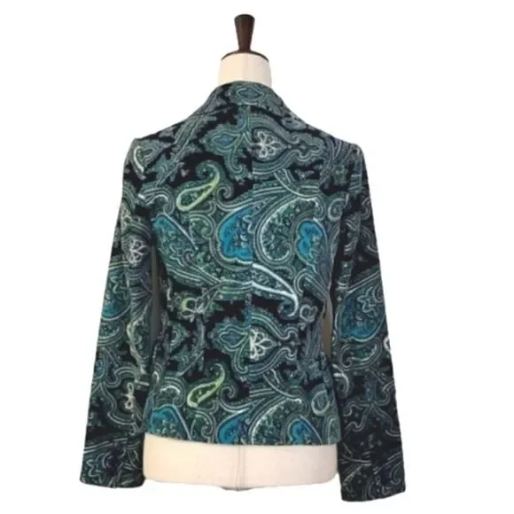 Talbots Teal Paisley Patterned Velvet Stretch Buttoned Blazer Size 4 - Picture 4 of 9